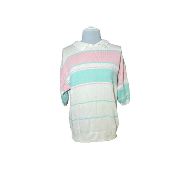 Vintage Striped Knit Collared Sweater White Pink Mint Pastel Size M Retro - Picture 2 of 7
